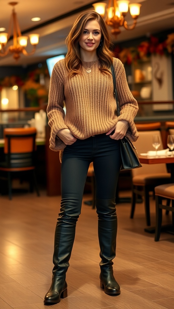 Chic Dinner Outfit Ideas for Fall Stylish fall outfit with oversized sweater, dark jeans, knee-high boots in a cozy restaurant setting.